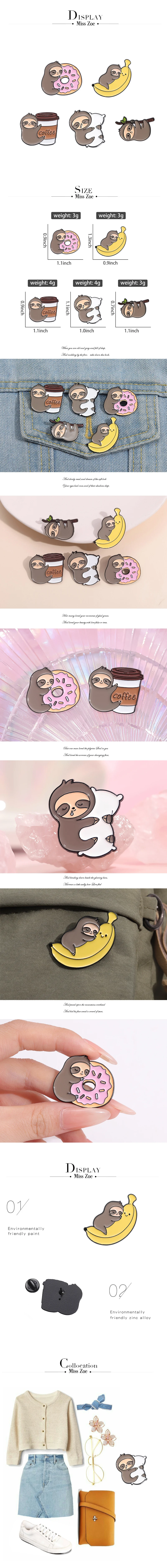 Lazy Sloth Emaille Pins Benutzerdefinierte Kaffee Donut Banane Kissen Broschen Revers Abzeichen Cartoon Tier Schmuck Geschenk für Kinder Freunde – Detail 1