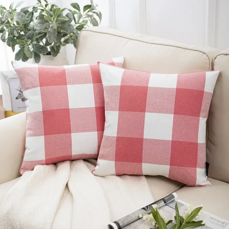

Checker Farmhouse Summer Square Decorative Throw Pillow for Couch, 18" x 18", Pink, White, 2 Pack