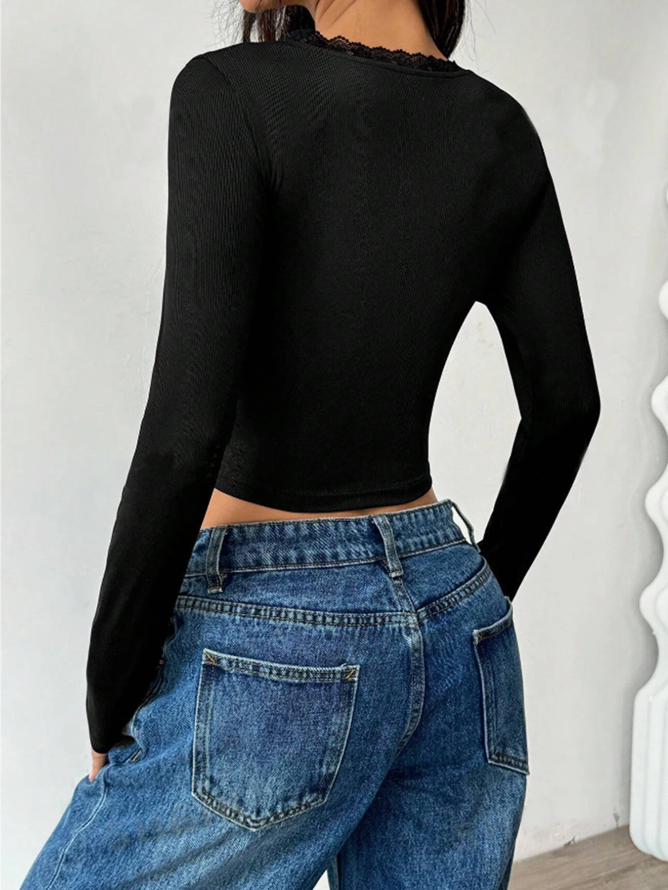 Fashion U-neck Lace Trim Bow Sexy T-shirt Cute Women Corset Autumn Long Sleeve Slim Baby Tees Black Streetwear Basic Y2k Clothes - Image 5