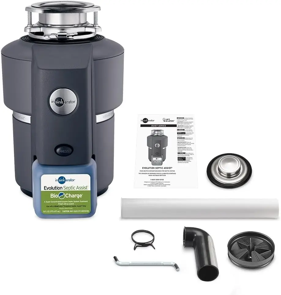 Garbage Disposal, Evolution Septic Assist, Quiet Series, 3/4 HP Continuous Feed, Gray + 1-Pack Bio-Charge Cartridge 3