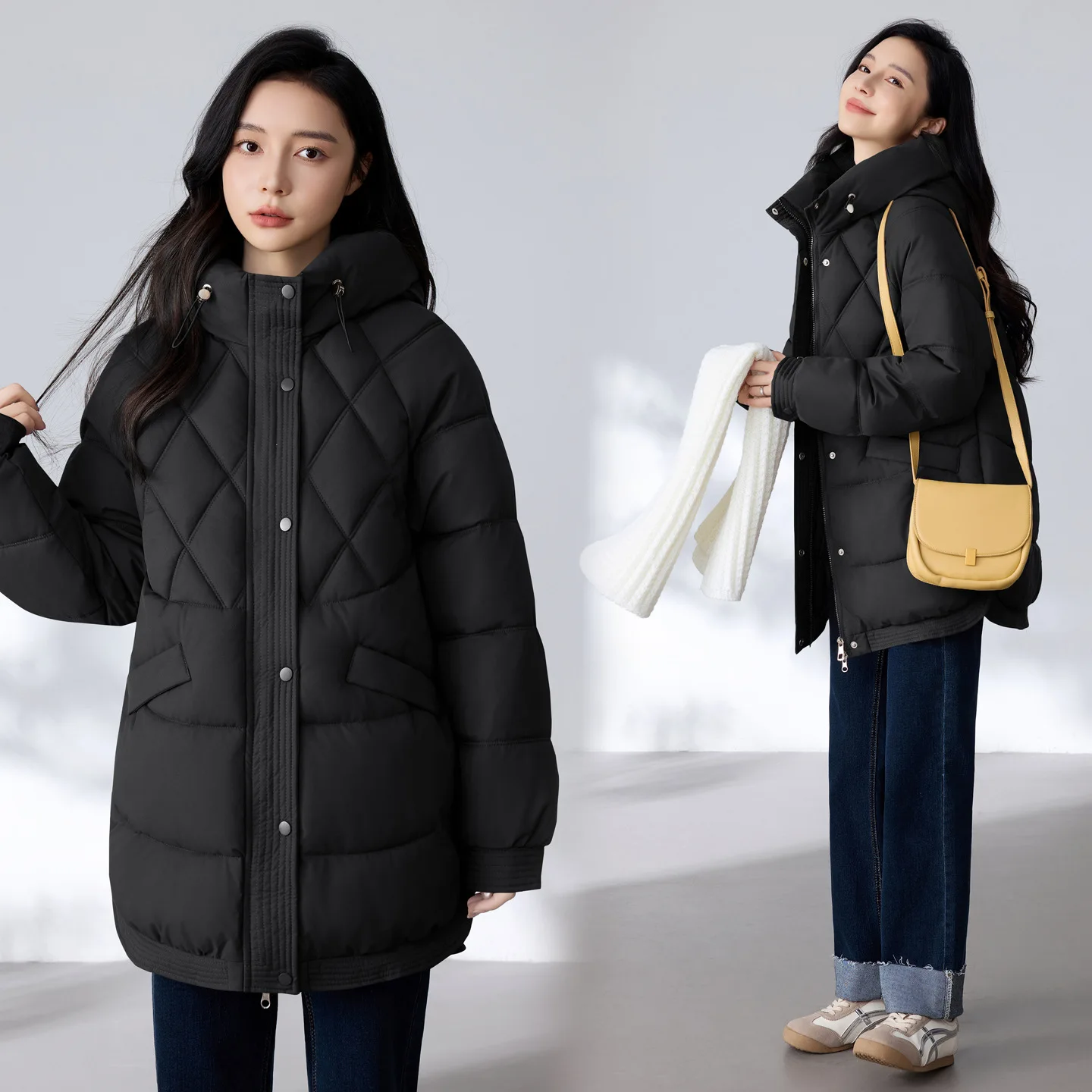 Women Down Cotton Jacket Winter Parka Coat New Mid Length Korean Loose Thick Winter Hooded Cotton Padded Jacket Female Outerwear