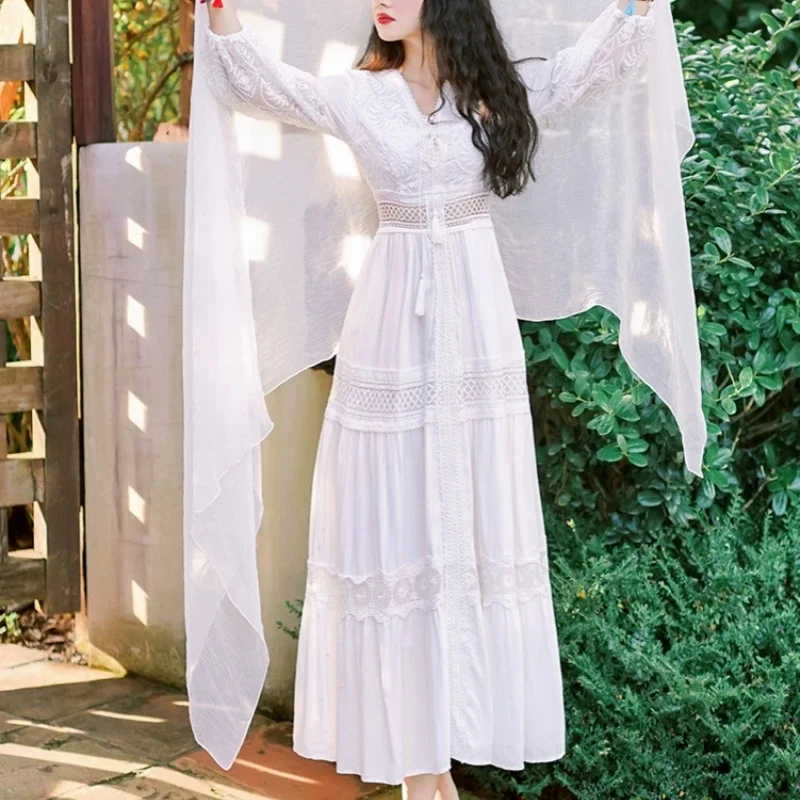 Bohemian White Beach Dress Women Elegant Party Dresses Spring Auutm V-neck Sexy Hollow Out High Waist Long Robe Vestidos
