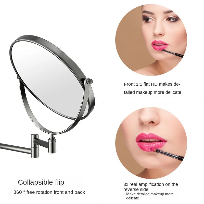 Telescopic Folding Makeup Mirror Wall Hanging Free Punching Bathroom Accessories Black Metal Magnifying Beauty Round 3