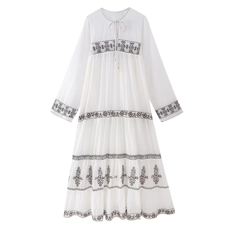 

Round Neck Long Sleeve Tie Color Contrast Dress Summer New Loose Slim Embroidery Dress Long Skirt