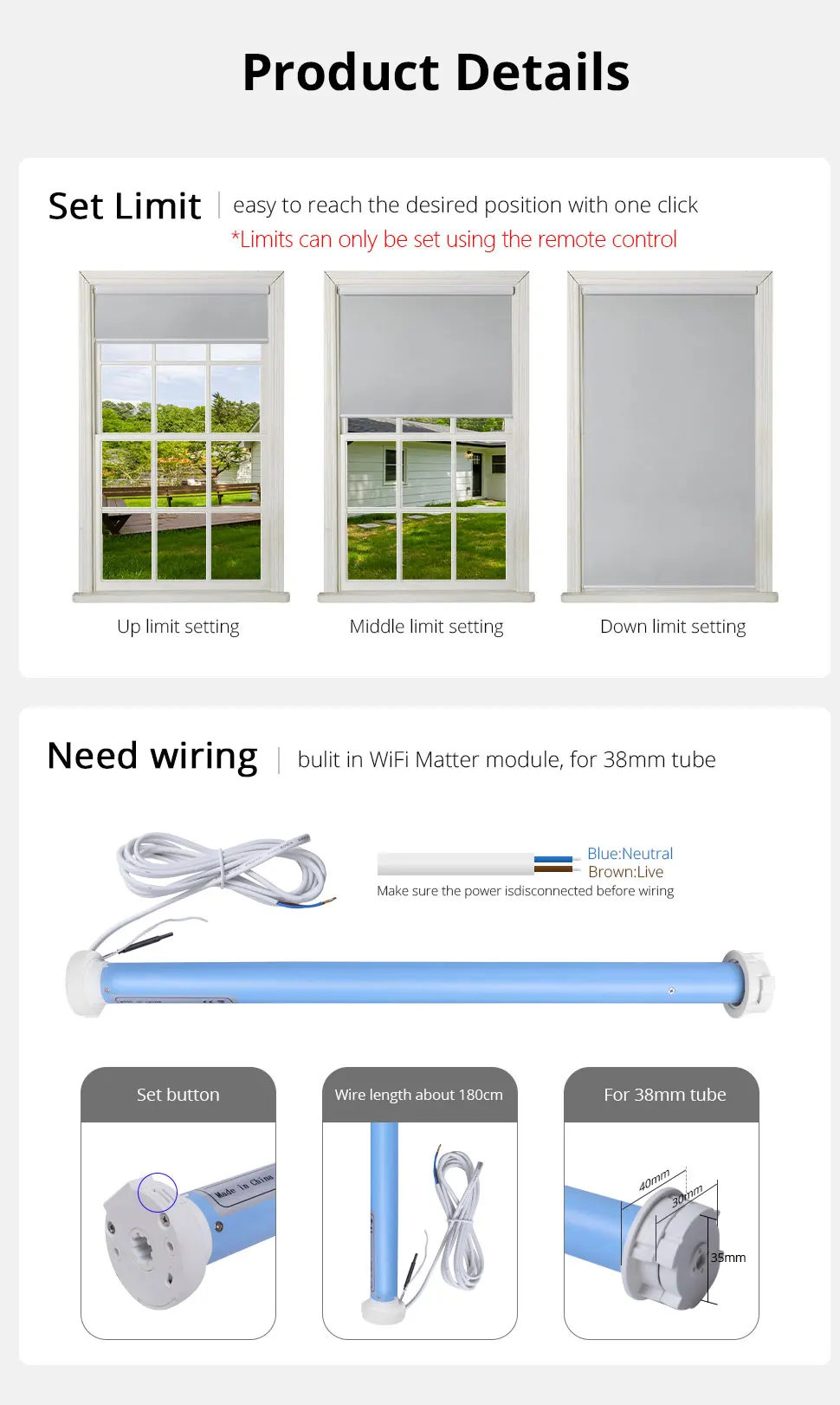 Matter Thread Smart Roller Shade Blinds Motor for 37mm 38mm Tube Support Homekit