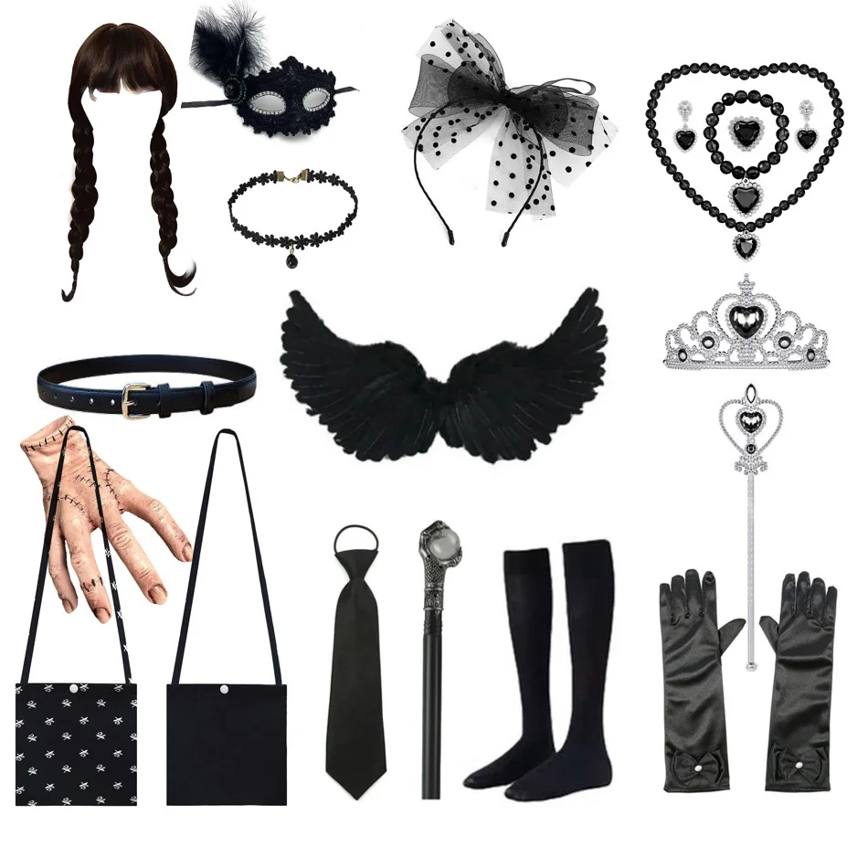 

Wednesday Addams Accessories Girls Carnival Costumes Necklaces Hair Accessories Gloves Bag Crowns for Kids Girl