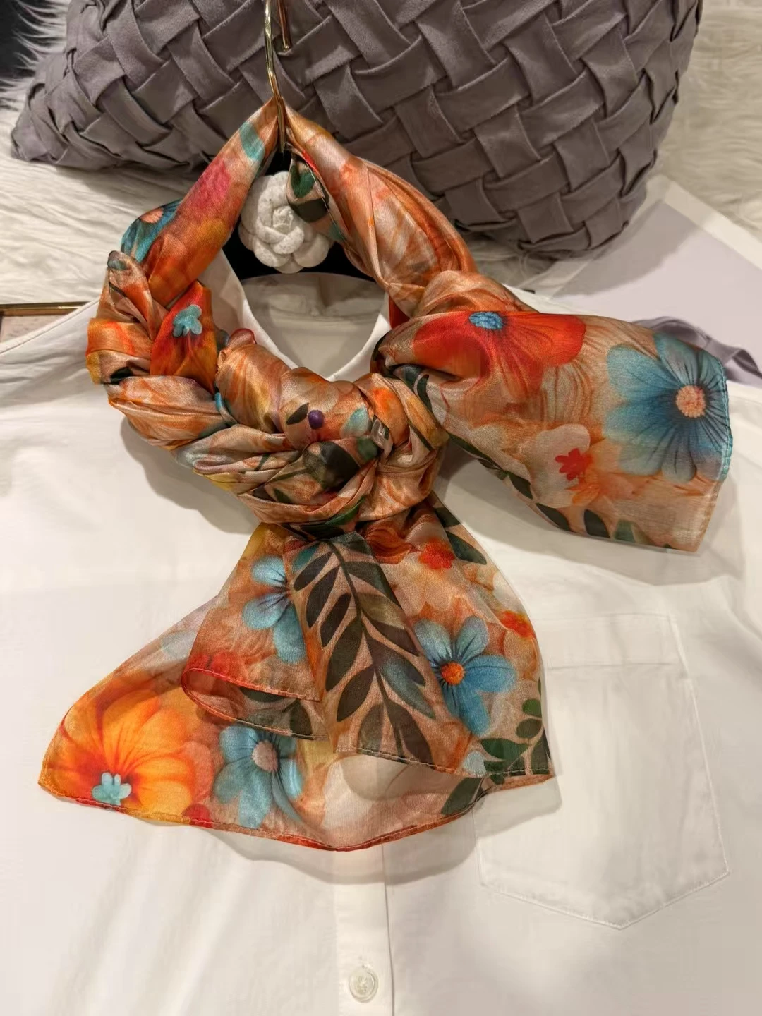 Elegant Orange and Blue 100% Mulberry Silk Floral Scarf - Versatile Summer Wrap/Shawl