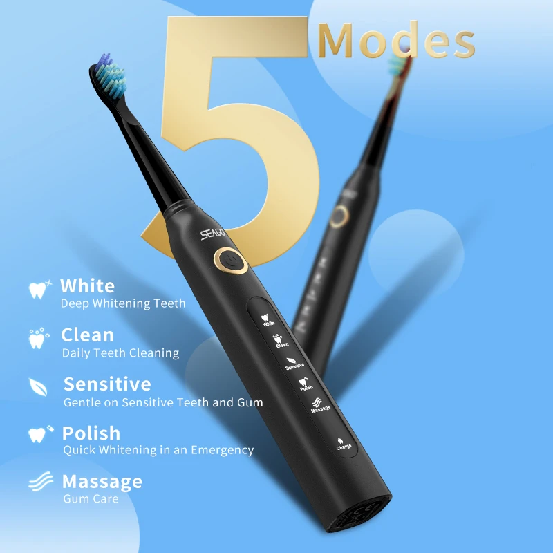 Sonic Electric Toothbrush Rechargeable 5 Modes Oral Clean Soft Bristle Brush Heads