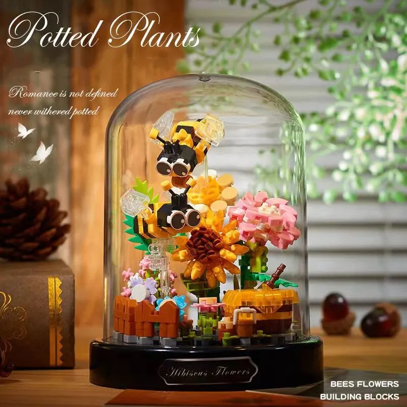 Bee Butterfly Flower Bonsai Building Blocks Insect Plant Potted Model Bricks With Dust Cover Desktop Deco DIY Toys Gift For Kids 3
