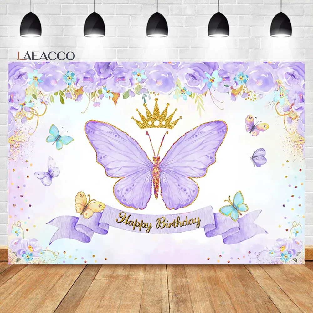 

Laeacco Butterfly Happy Birthday Background Violet Purple Rose Floral Gold Crown Girls Portrait Customized Photography Backdrop