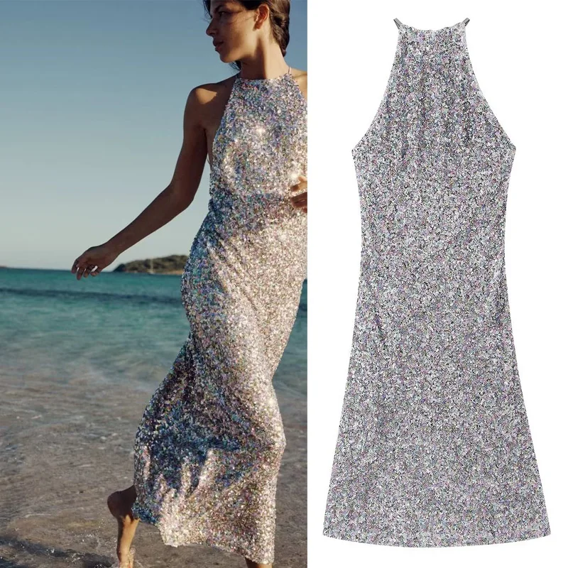

Backless Beach Wear Vestidos Vintage Sequins Long Dresses Party Boho Sexy Sleeveless Strap Dress for Women Robe Summer