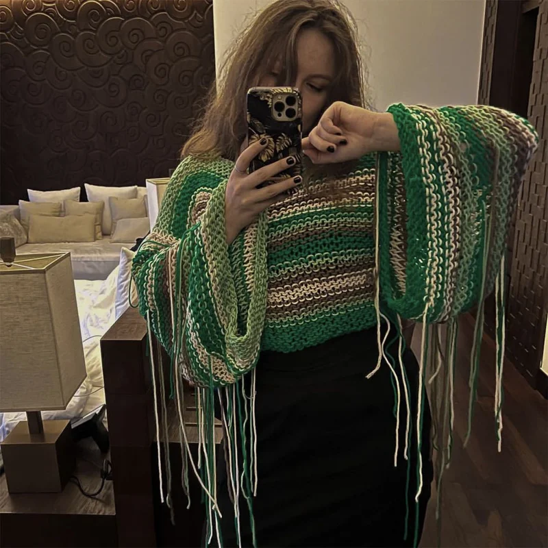 Tassel Contrast Holiday Sweater Pullovers For Women Loose Flared Sleeve Beach Boho Knit Female Cover up Pullover Crop top