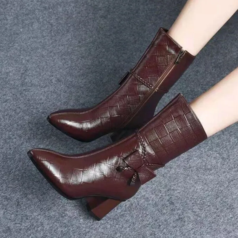 2023 Autumn Winter Soft Leather Women's Boots Fashion Mid-tube Mother Boots Pointed Platform Boots British Style Riding Boots