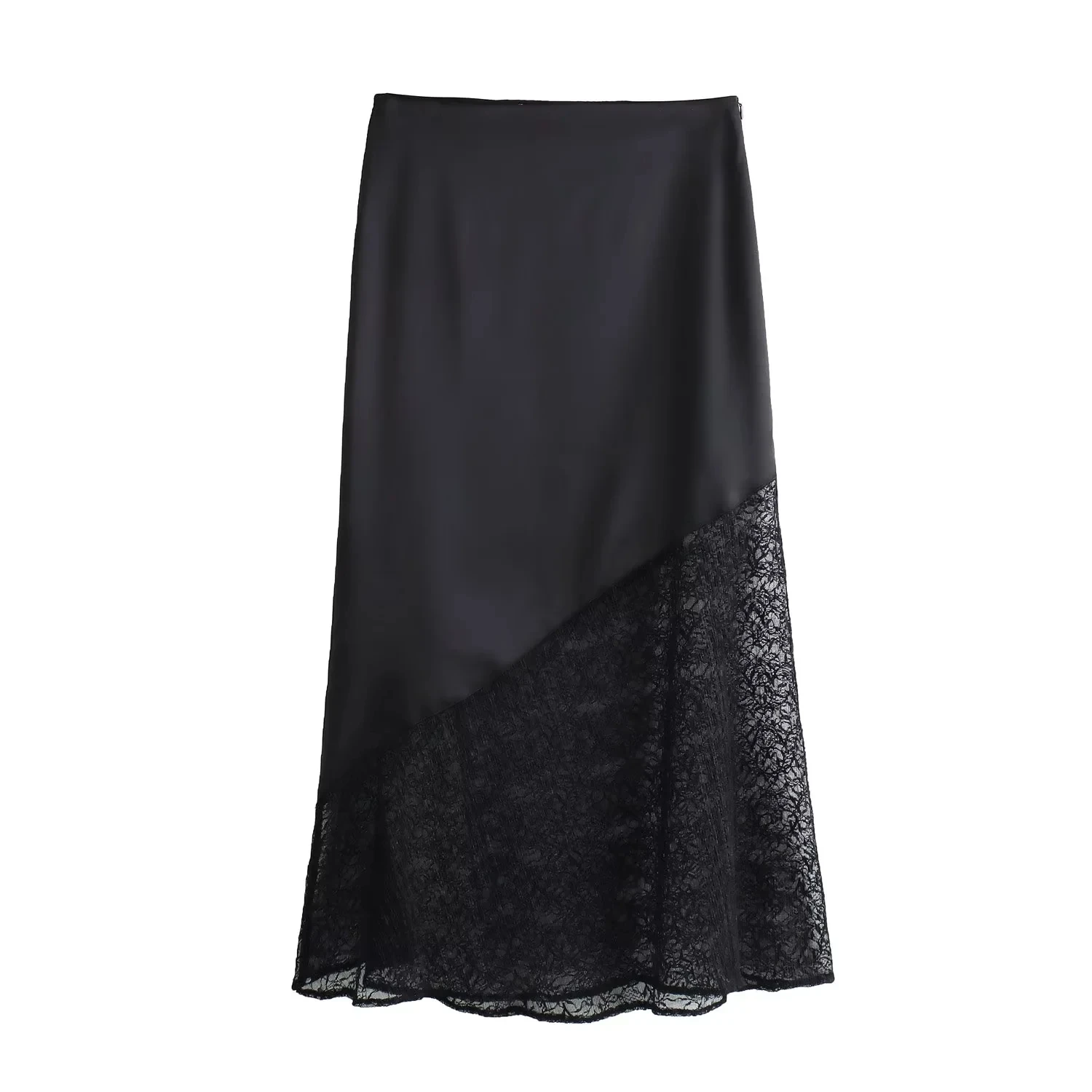 

TRAF Womans Black Midi Skirts Sexy Lace Aesthetic Skirts women Comfort Satin Maxi Skirts Female Fashion High-Waist Long Skirt