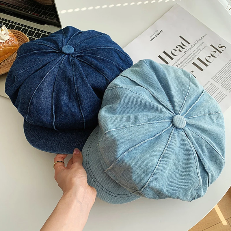 Retro washed denim hat spring new literary cloud hat octagonal denim newsboy