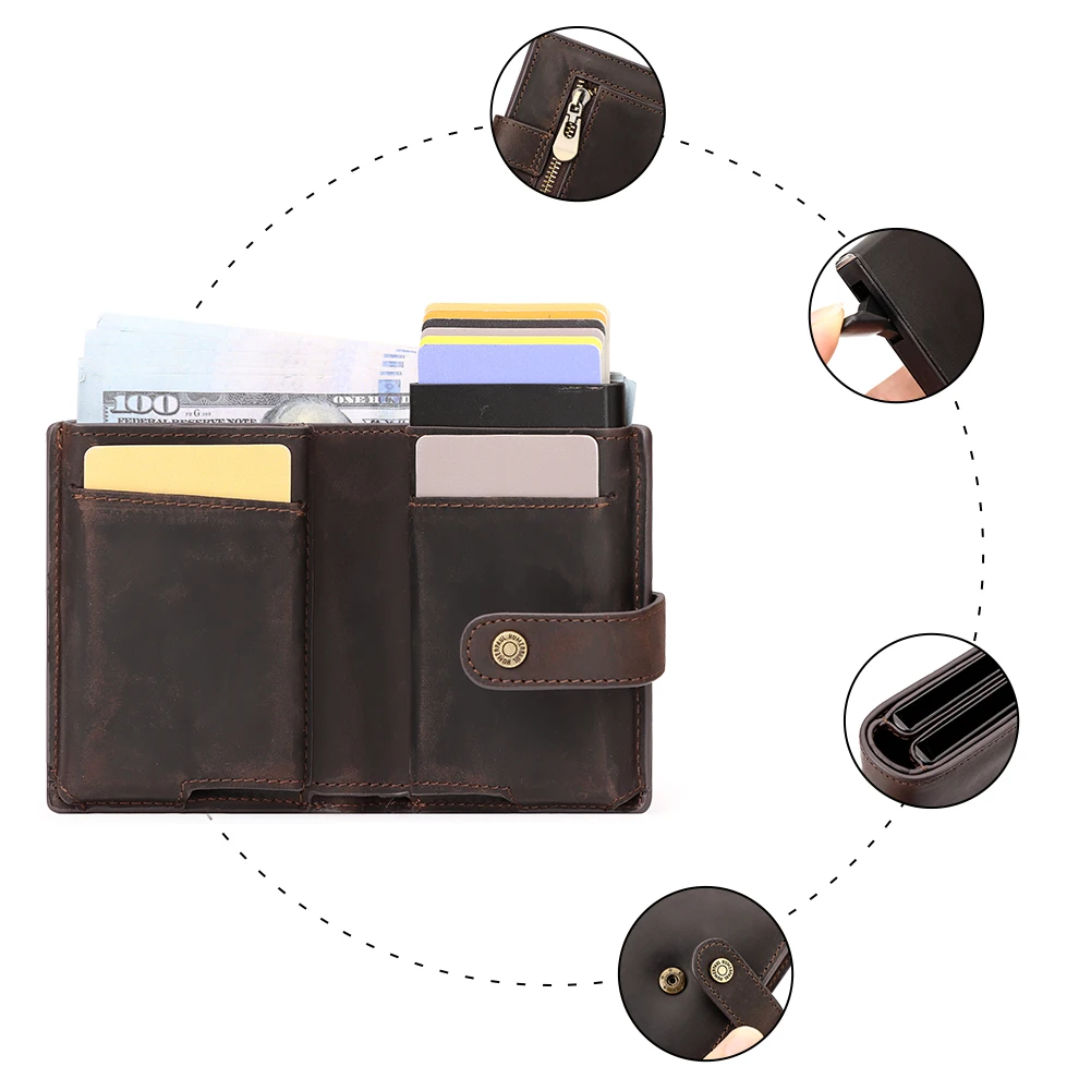 Crazy Horse Leather RFID Credit Card Holder Mens Double Anti Rfid Bank Cardholder Case Wallet Metal Business Minimalist Purse 6