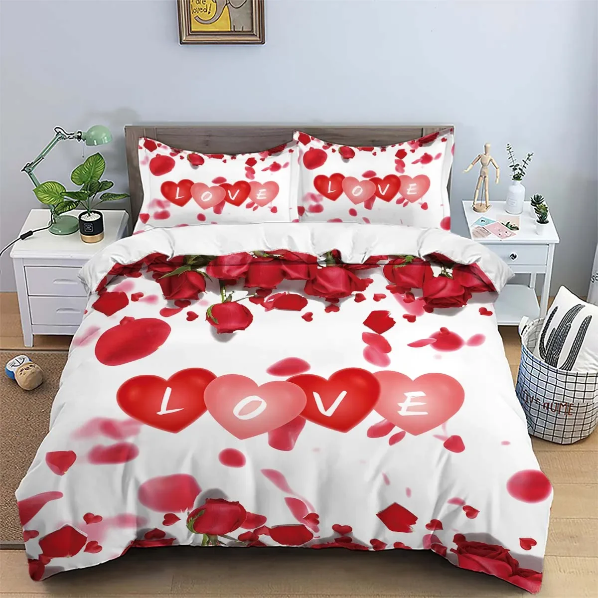 3-piece down duvet cover set with rose heart pattern print (1 duvet cover+2 pillowcases, no core) Valentine's Day bedding set