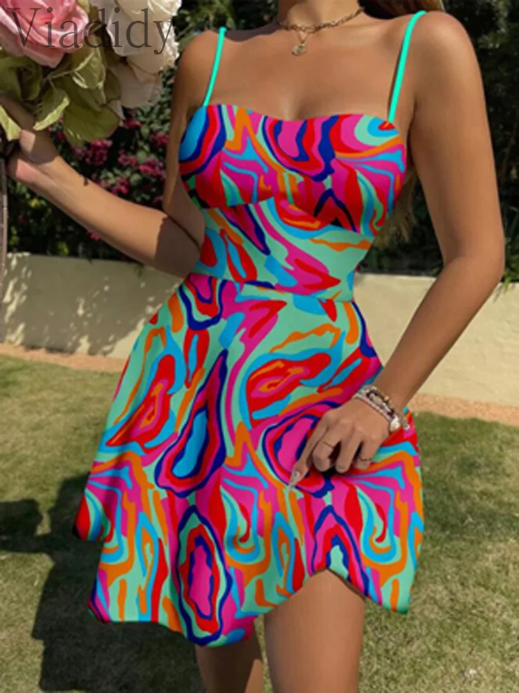 

Women Sexy Sleeveless Print Spaghetti Strap Mini Dress