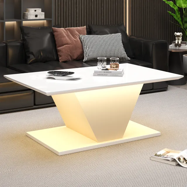 Table basse KOMHTOM blanche ultra-brillante en forme de V accrocheuse avec éclairage LED modulable, design moderne 1
