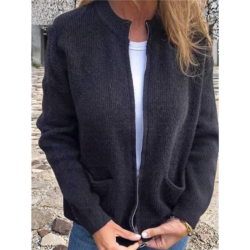 A68G-여성용 지퍼 니트 가디건 긴 소매 스탠드 칼라 스웨터 아우터 코트 포켓 포함