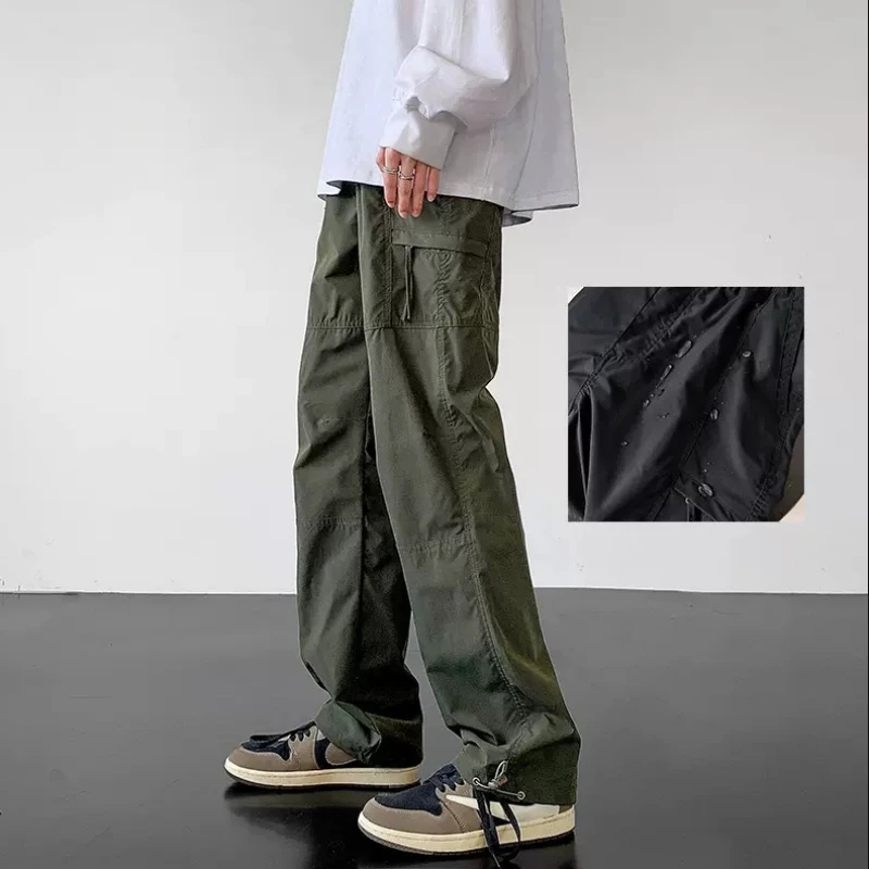 American Style Waterproof Hiking Casual Pants Men Side Zipper Loose Straight Military Trousers Outdoor Sport Tactics