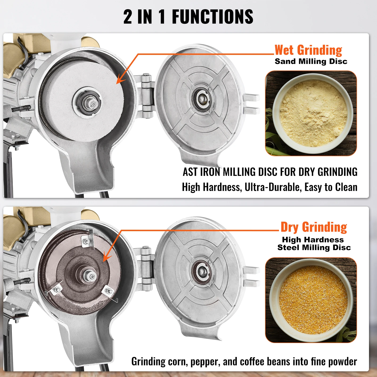 SucceBuy Electric Grain Mill Grinder 3000W Spice Grinders Commercial Corn Mill with Funnel Cereal Wheat Grinders Dry&Wet Grinder 4
