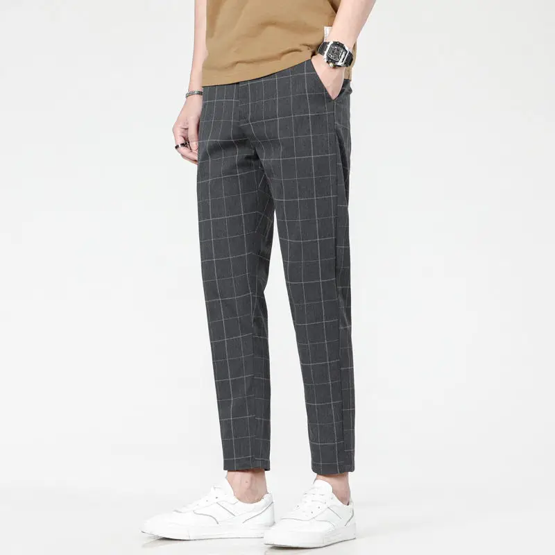 Fashion Minimalist Summer Casual Pants Men Elastic Plaid Thin Style Pockets Business Versatile Straight Ankle Length Trousers