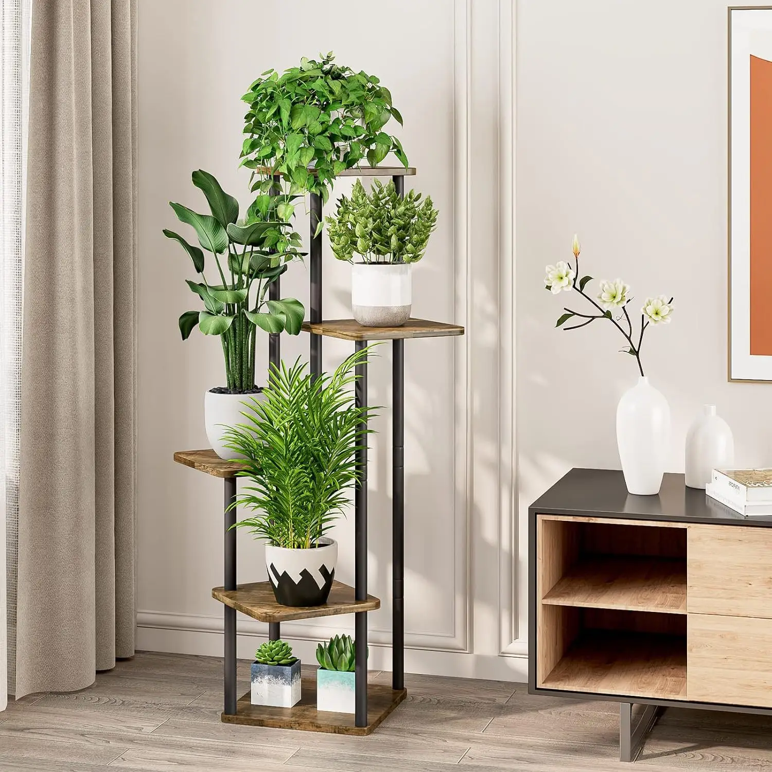 Plant Stand 5 Tier Indoor Metal Flower Shelf Multiple Plants Corner Tall Flower Holders for Patio , Black (5 Tier-Black)