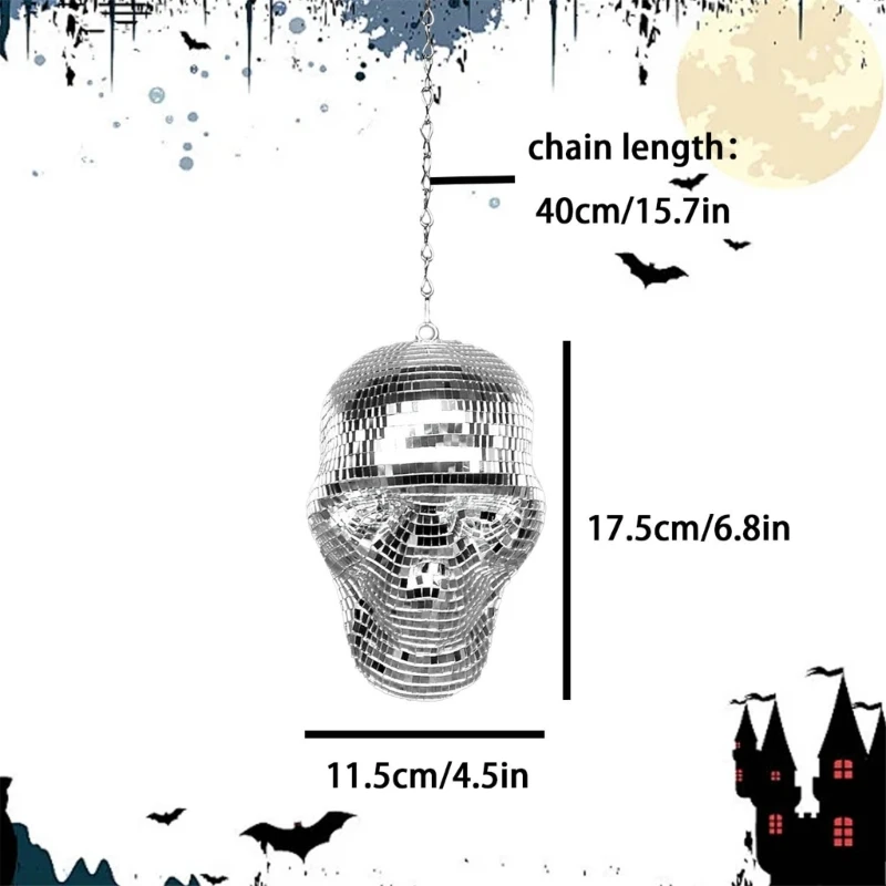 Reflective Mirrored Skull Head Ornament Hanging Chain Discos Balls Pendants for Halloween Parties and Unique Home Decors 6