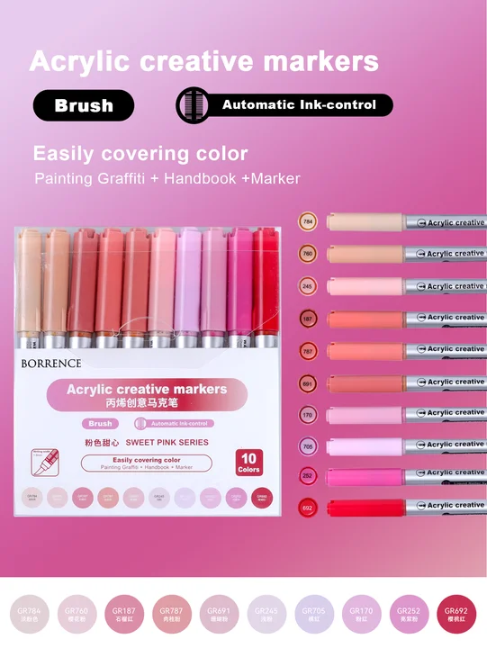 Vibrant Acrylic Brush Markers Set with Automatic Ink Control - 10 Colors