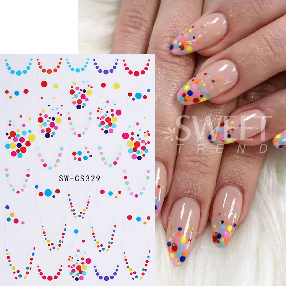 2pcs Graffiti Nail Art Stickers 3D Colorfull Round Dot French Line Design Adhesive Nail Decals Sliders DIY Manicure Decoration