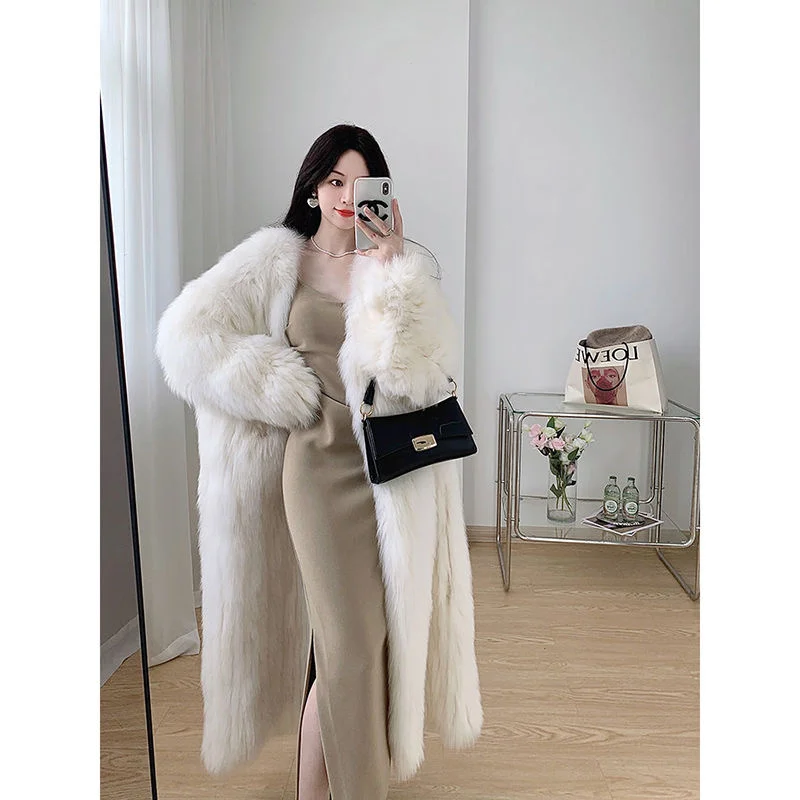 Encrypted Winter 2025 Women Padded Warm Faux Fox Fur Long Fur Coat Female Quilted Lining Young Online Loose Celebrity Fur jacket