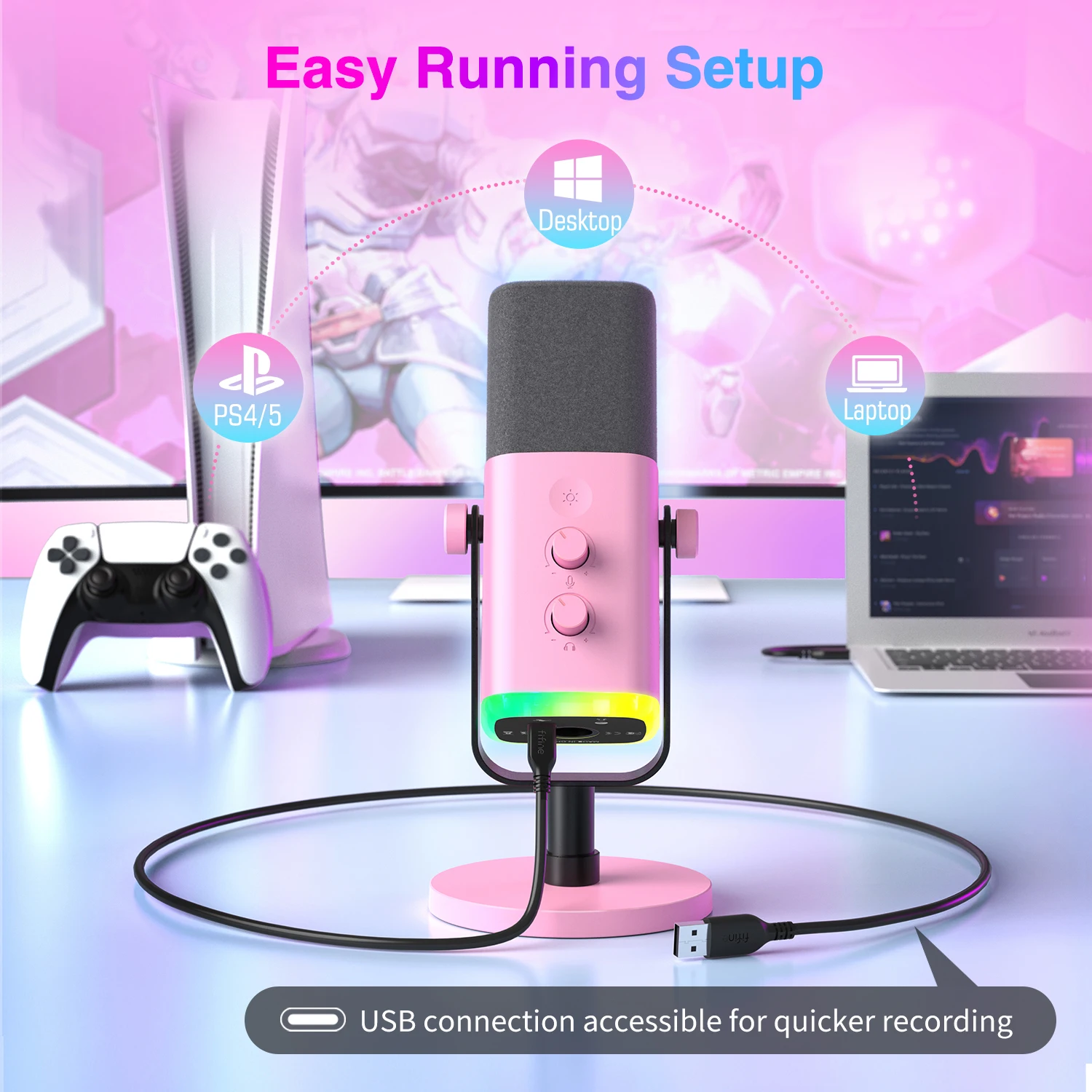 Fifine-usb Microfone Dinâmico Xlr com Controle Rgb Microfone Mudo Microfone para Jogos de pc Youtube Streaming ao Vivo Game-am8p - Image 5