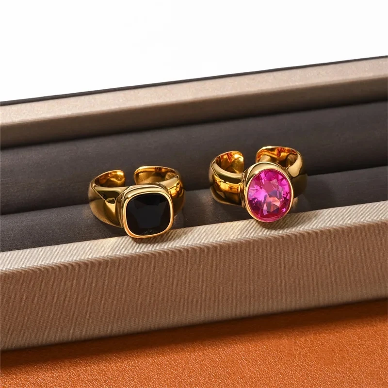 

Ins Personality Fashion Oval Purple Pink Zircon Ring Retro Premium Square Black Gem Opening Adjustable Jewelry Accessories