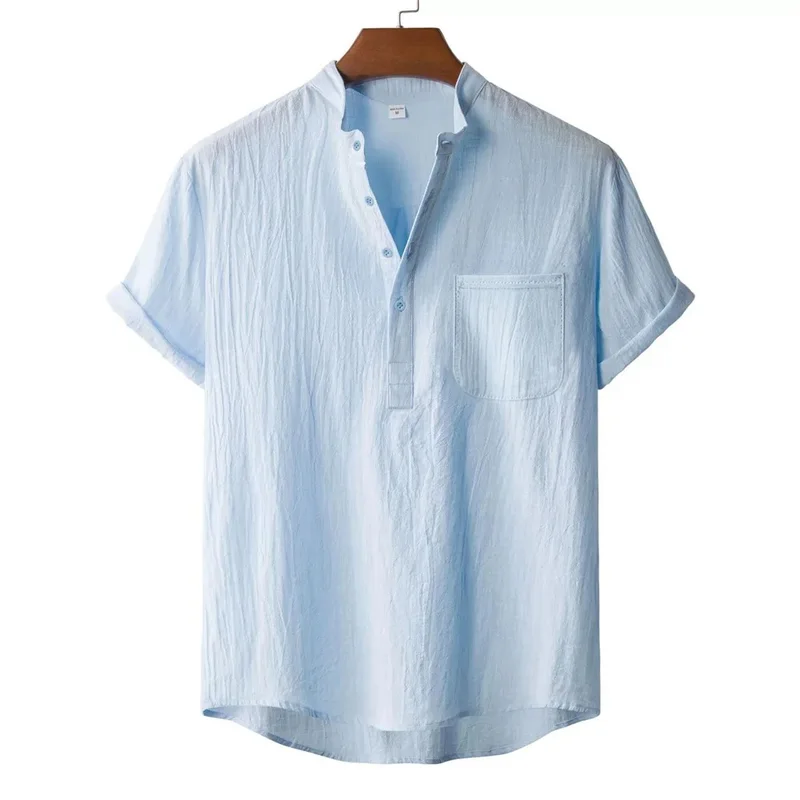 Men's Summer Cotton Linen T-shirt Beach Style Short SLeeve Henley Neck Vacation Hawaii Casual Lightweight Breathable Cozy Tops