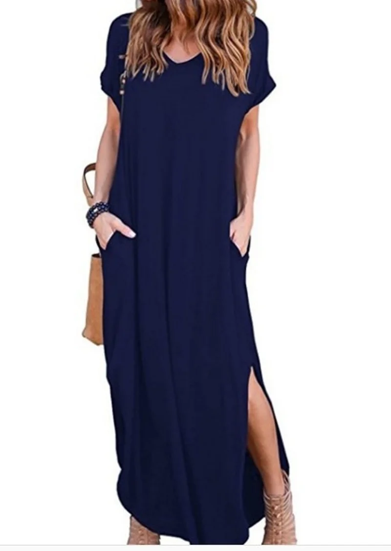 Solid Color  5XL Sexy Women Pocket Dress Summer Solid Casual Short Sleeve Maxi Dress for Women Long Dress Y2k Lady Dresses