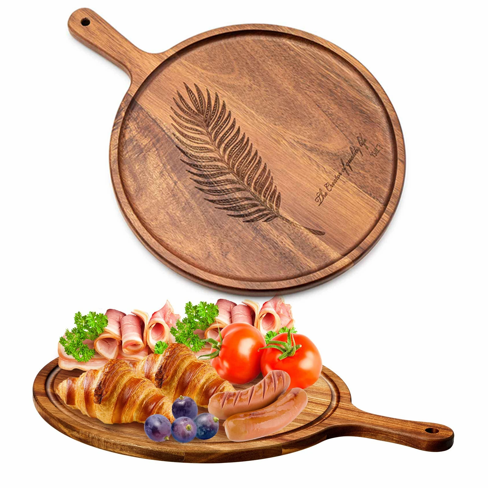 Wood Cheese Board With Handle Round Cutting Board for Pizza Tray Paddle Bread, Cheese Charcuterie, Fruit, Vegetable Steak Trays