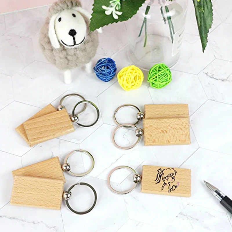 Rectangle Unfinished Wood Walnut Leather Wooden Wood Keychain Wood Keychain  Blanks DIY Engraving Gift - AliExpress