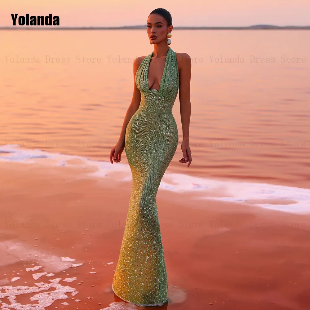 

Exquisite Mermaid Evening Dresses 2024 New Design Halter Open Back Paillette Sleeveless Party Dress Floor Length Robe de soirée