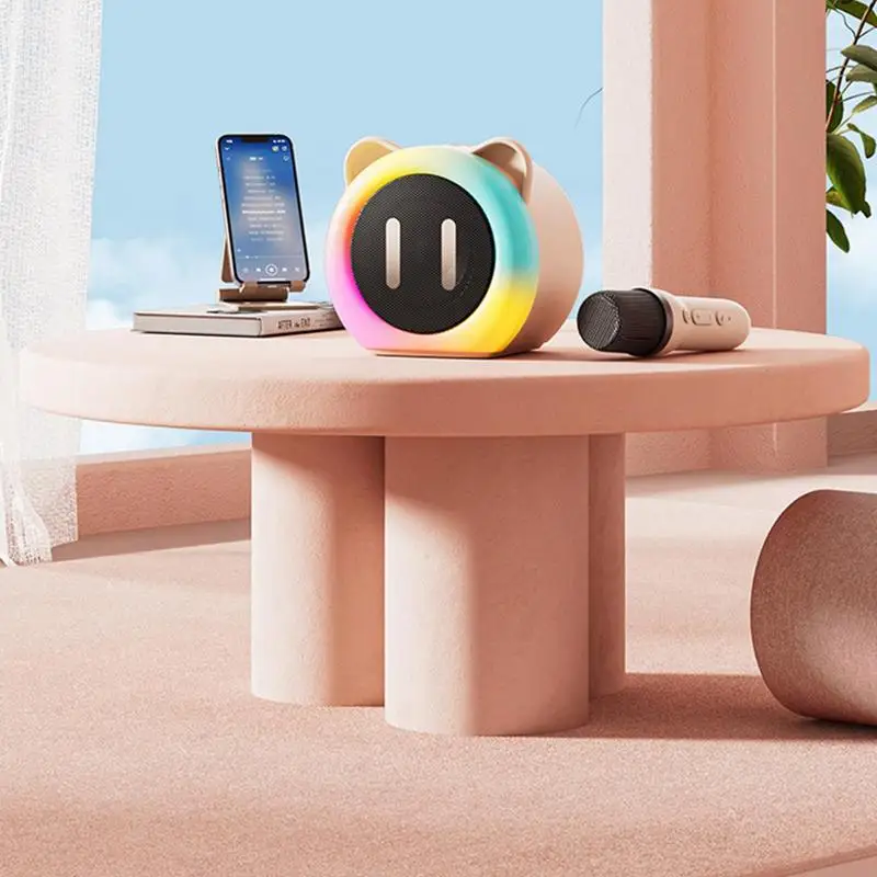 Karaoke Machine With 2 Microphones Cute Ears Microphone And Speaker Set RGB Lighting Wireless Speaker Microphone Set 2 Wireless