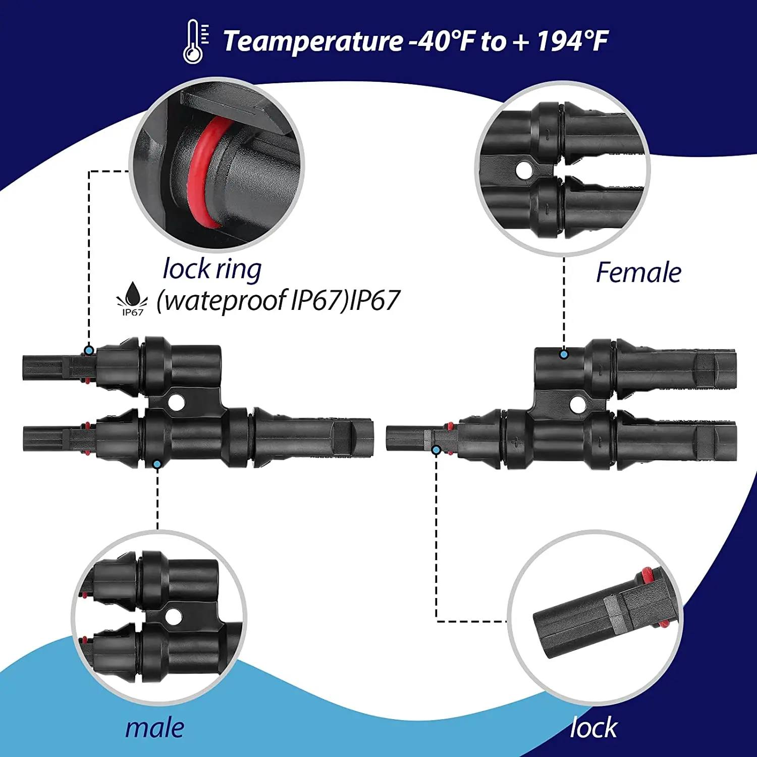 High-Performance Dual-Sided PV Solar Cable Connectors - 30A 1000V Photovoltaic Panel Wire Adapter Pair