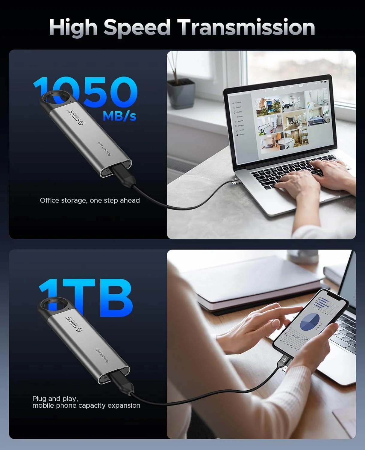 ORICO 휴대용 솔리드 스테이트 드라이브 스토리지 PSSD, 태블릿 노트북용, 최대 1050 MB/S 행잉 홀 디자인, 1TB 외장 SSD, C10