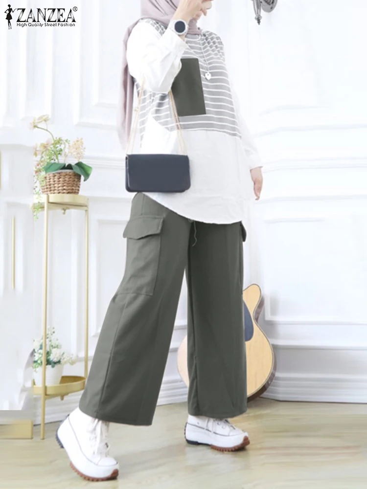 

Комплект ZANZEA женский винтажный из 2 предметов, свободный хиджаб-абайя в мусульманском стиле, модная блузка и брюки в полоску в стиле пэчворк, 2024