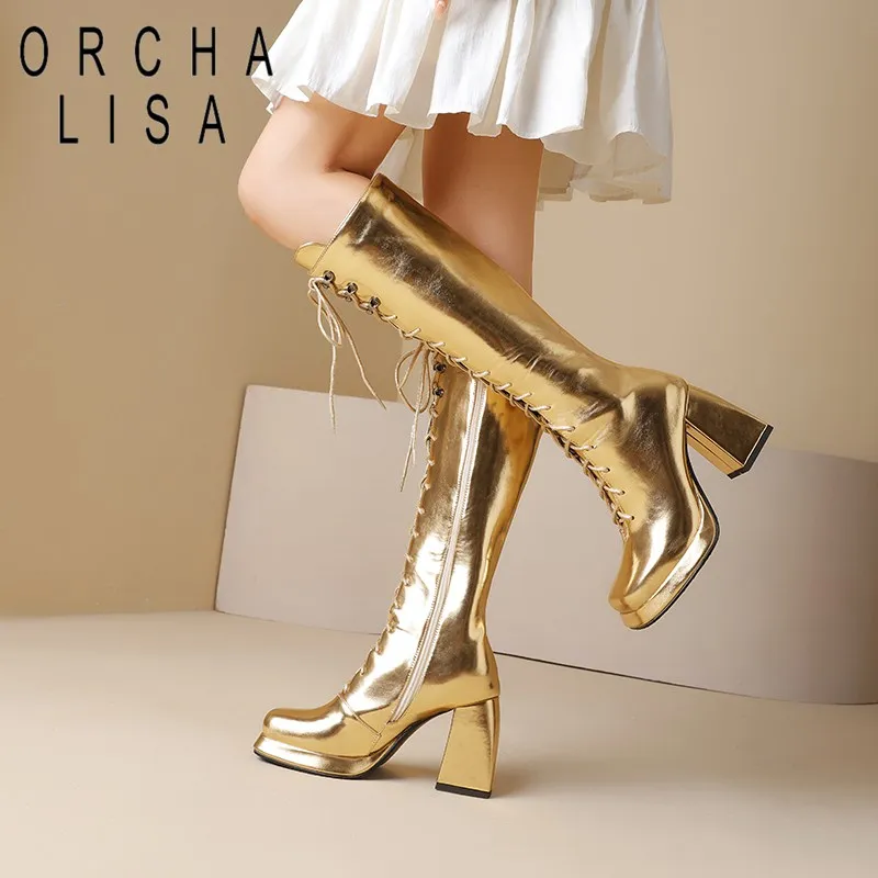 

ORCHA LISA Women Knight Boots Square Toe Block Heels 9cm Platform Zipper Lace Up Large Size 46 Leisure Daily Knee High Booties