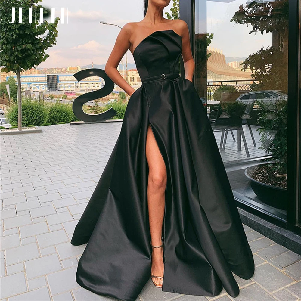 

Fashion Simple Black Strapless Prom Dress 2023 Pleated Satin Side Split A Line Floor Length formal Party Evening Gowns