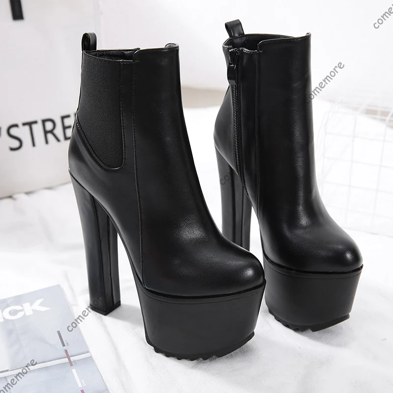 Comemore 16cm Suprt High Heels Women's Boot Autumn Women Black Chelsea Ankle Boots Pipe Platform Thick Heeled Women Shoe Elegant