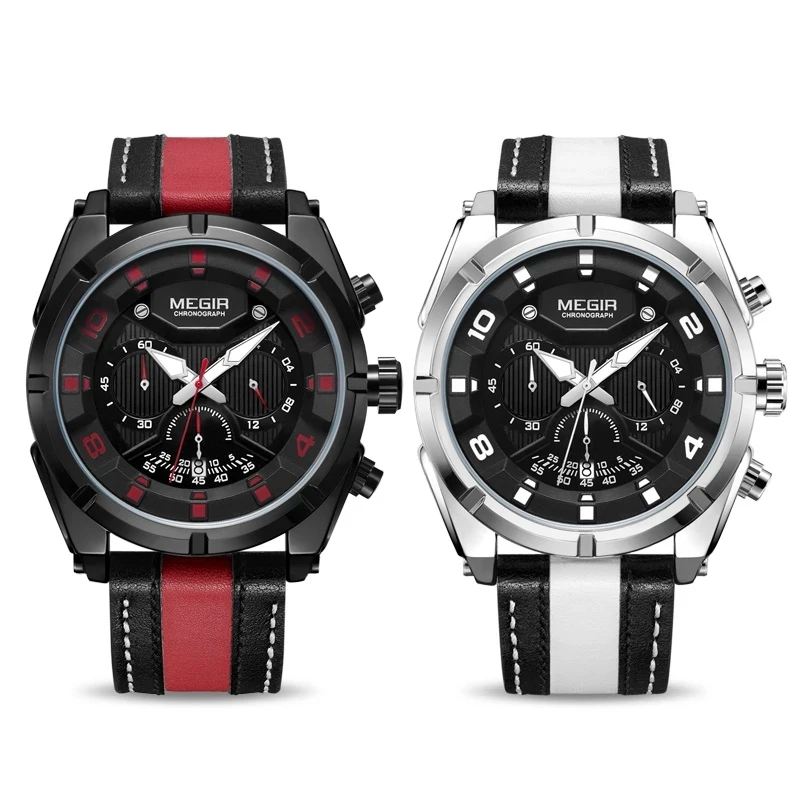 MEGIR New Sport Mens Watches Top Brand Luxury Leather Quartz Watch For Men Waterproof Military Wristwatch Relogio Masculino