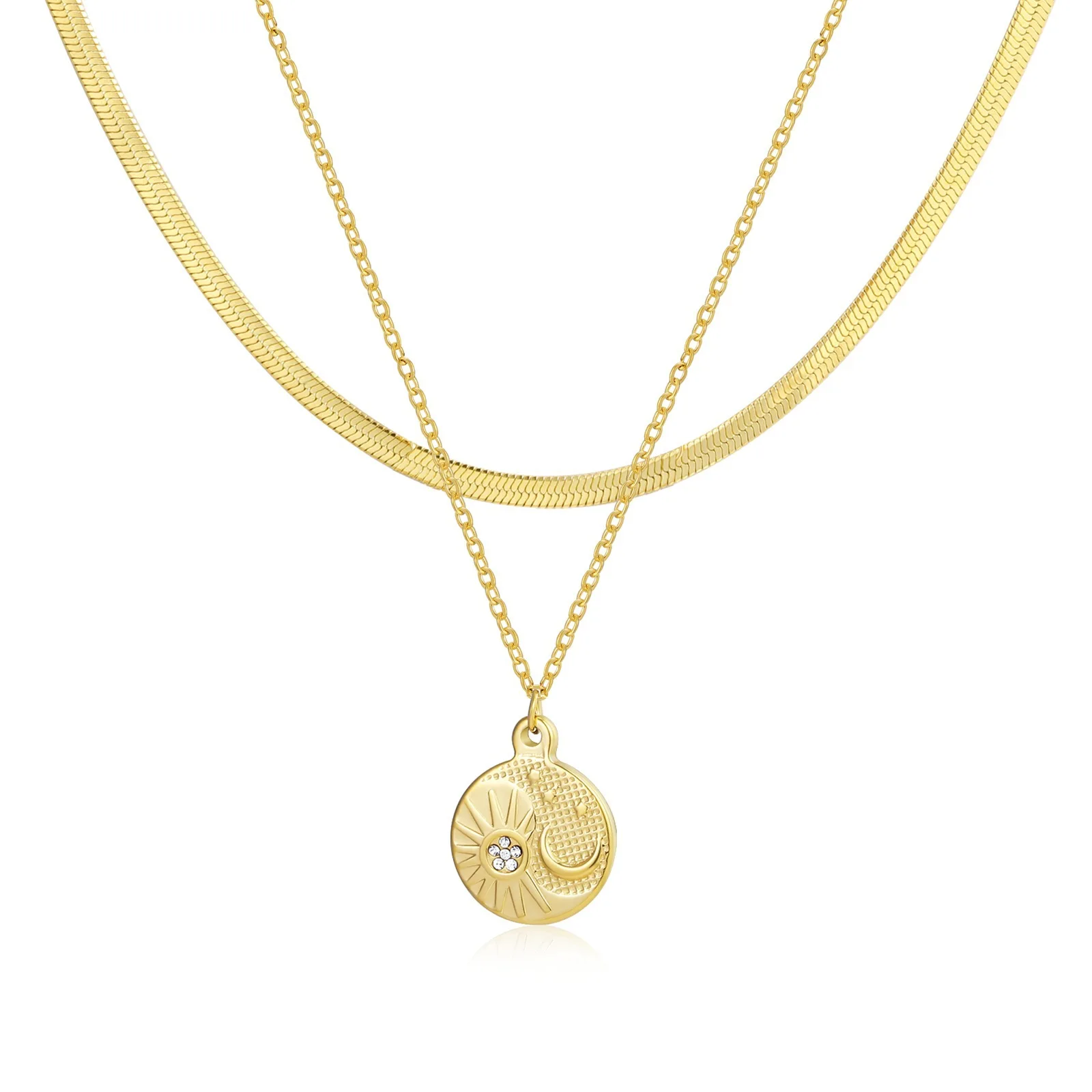 

The hot selling do not fade color stack wear double layer necklace design sense stainless steel plated 18k gold collar retro pop