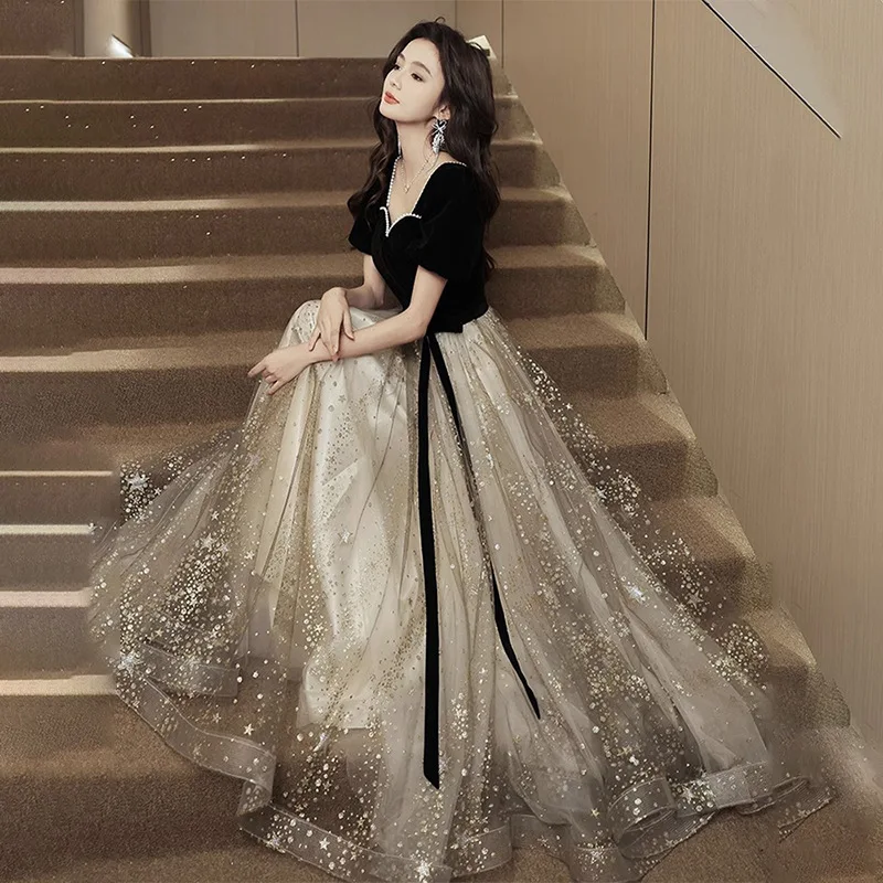

Large Size Black Dress Evening Dress for Women Plump Girls Slim Looking Belly Covering Banquet Temperament Fashionable Stylish H