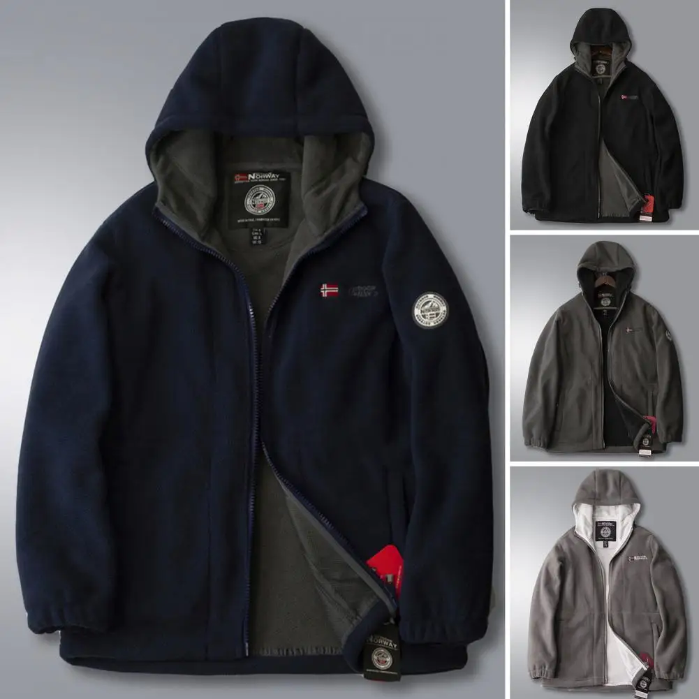 Hooded Jacket Stylish Men's Hooded Zipper Jacket Warm Plush Mid-length Coat with Pockets Ideal for Fall Winter Streetwear Polar